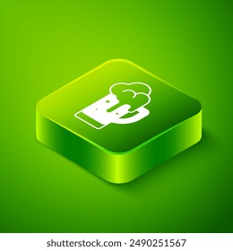 Isometric Glass of beer icon isolated on green background. Green square button. Vector