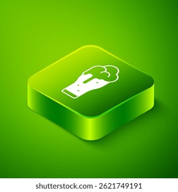 Isometric Glass of beer icon isolated on green background. Green square button. Vector
