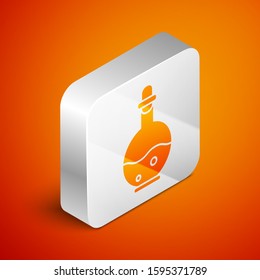 Isometric Glass bottle with magic elixir icon isolated on orange background. Computer game asset. Silver square button. Vector Illustration