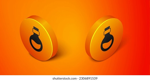 Botella de vidrio isométrico con icono de elixir mágico aislado en el fondo naranja. Activo de juegos de computadora. Botón de círculo naranja. Vector