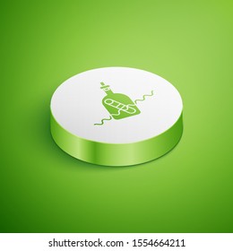 Isometric Glass bottle with a message in water icon isolated on green background. Letter in the bottle. Pirates symbol. White circle button. Vector Illustration