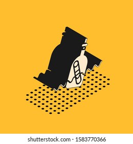 Isometric Glass bottle with a message in water icon isolated on yellow background. Letter in the bottle. Pirates symbol.  Vector Illustration