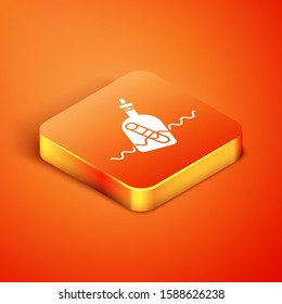 Isometric Glass bottle with a message in water icon isolated on orange background. Letter in the bottle. Pirates symbol.  Vector Illustration