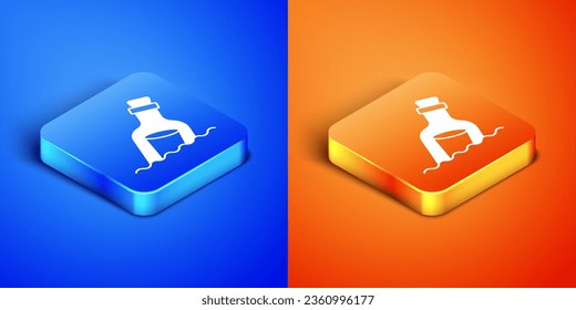 Isometric Glass bottle with a message in water icon isolated on blue and orange background. Letter in the bottle. Pirates symbol. Square button. Vector