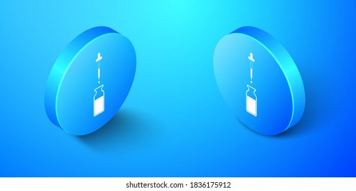 Isometric Glass bottle with a pipette. Vial with a pipette inside and lid icon isolated on blue background. Container for medical and cosmetic product. Blue circle button. Vector.