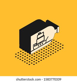 Isometric Glass bottle with ship inside icon isolated on yellow background. Miniature model of marine vessel. Hobby and sea theme.  Vector Illustration