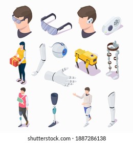 Isometric Glass Eye, Arm, Hand, Leg Prosthesis, Blind Glasses, Hearing Aid, Flat Vector Illustration. Prosthetic Equipment, Artificial Eye And Limb For People With Disabilities And Visual Impairment.