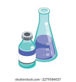 Isometric glass medical flask with liquid and bottle 3d vector illustration