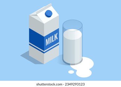 Isometric glass of milk with a gable package isolated on white background.