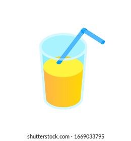 Isometric glass of orange juice with cocktail pipe isolated on white background. 3d healthy organic drink icon. Vector illustration