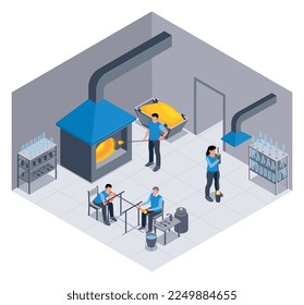 Isometric glass production composition with isolated view of factory workshop with stove and characters of workers vector illustration