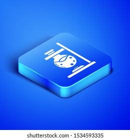 Isometric Glass test tube flask on fire heater experiment icon isolated on blue background. Laboratory equipment. Blue square button. Vector Illustration