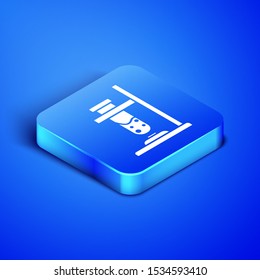 Isometric Glass test tube flask on fire heater experiment icon isolated on blue background. Laboratory equipment. Blue square button. Vector Illustration