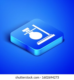 Isometric Glass test tube flask on stand icon isolated on blue background. Laboratory equipment. Blue square button. Vector Illustration