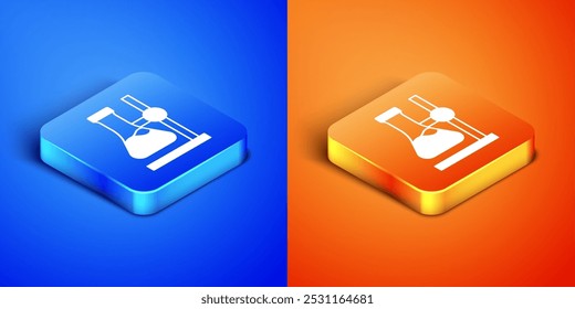 Frasco de tubo de ensayo de vidrio isométrico en el icono del soporte aislado sobre fondo azul y naranja. Equipo de laboratorio. Botón cuadrado. Vector