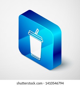 Isometric Glass with water icon isolated on white background. Soda drink glass with drinking straw. Fresh cold beverage symbol. Blue square button. Vector Illustration