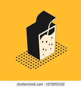 Isometric Glass with water icon isolated on yellow background. Soda drink glass with drinking straw. Fresh cold beverage symbol.  Vector Illustration