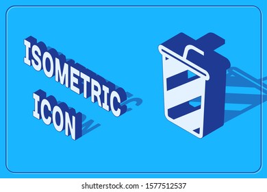 Isometric Glass with water icon isolated on blue background. Soda drink glass with drinking straw. Fresh cold beverage symbol.  Vector Illustration