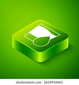 Isometric Glass with water icon isolated on green background. Soda glass. Green square button. Vector