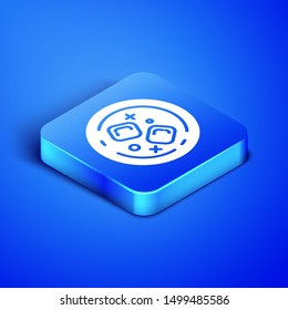 Isometric Glass of whiskey and ice cubes icon isolated on blue background. Blue square button. Vector Illustration