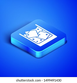 Isometric Glass of whiskey and ice cubes icon isolated on blue background. Blue square button. Vector Illustration