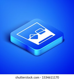 Isometric Glass of whiskey and ice cubes icon isolated on blue background. Blue square button. Vector Illustration