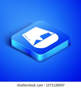 Isometric Glass of whiskey and ice cubes icon isolated on blue background. Blue square button. Vector Illustration