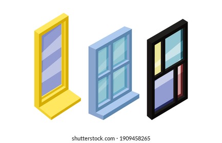 Isometric Glass Windows as Opening in Wall Vector Set