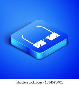 Isometric Glasses icon isolated on blue background. Eyeglass frame symbol. Blue square button. Vector Illustration