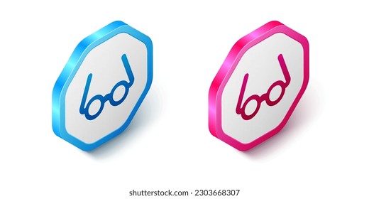Icono de Gafas isométricas aislado en fondo blanco. Símbolo de marco de anteojos. Botón hexagonal. Vector