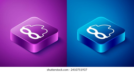 Isometric Glasses for swimming icon isolated on blue and purple background. Swimming goggles. Diving underwater equipment. Square button. Vector