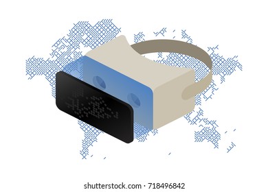 Isometric glasses of virtual reality for a smartphone with world map on a white background. Flat vector illustration EPS10.