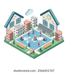 Isometric Global Aging Population with Elderly Using Mobility Aids  like Walkers, Wheelchairs, and Engaged in Community Activities. Global Aging Population Concept