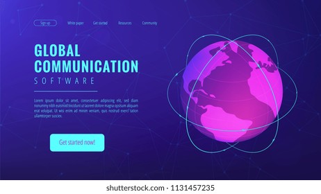 Página de inicio de comunicación global isométrica. Comunicación transnacional, tecnología global de transferencia de información y concepto de big data sobre fondo ultravioleta. Ilustración isométrica vectorial 3d.