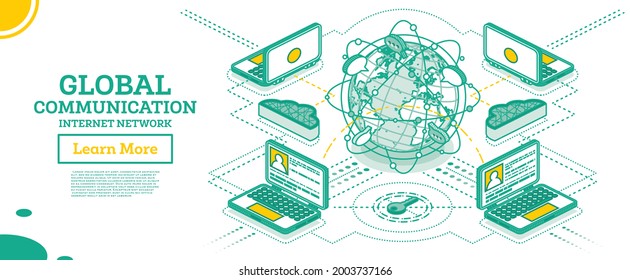 Isometric Global Communication Network with Planet Earth. Vector Illustration. Outline Concept with Globe, Laptops and Connected Lines. Network and Data Exchange Over Planet.