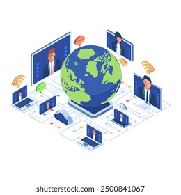 Isometric Global Connectivity with Team Conference Over Internet. Global Remote Team Collaboration Concept