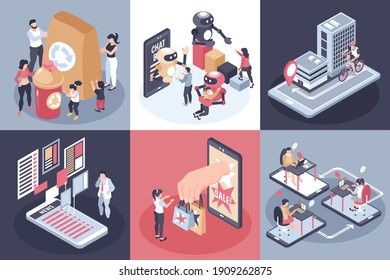 Isometric global consumer trends design concept set with multifunctional homes reuse private personalisation and new technology descriptions vector illustration