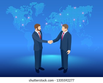 Isometric Global Cooperation. Businessmen shaking hands at the globe. The concept of business agreement and affiliate business.