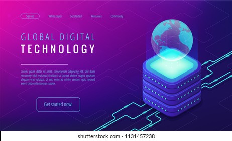 Isometric global digital technology landing page. Big data, cloud information storage, global transferring technology and remote access concept on ultraviolet background. Vector 3d illustration.