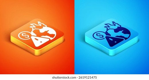 Isometric Global economic crisis icon isolated on orange and blue background. World finance crisis.  Vector