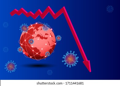 Isometric global economic impacts 2020. Coronavirus or COVID-19 pandemic global impact. Closed border, collapsed world market and economic crisis, panic and food shortages, distance work and studying.