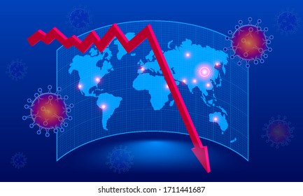 Isometric global economic impacts 2020. Coronavirus or COVID-19 pandemic global impact. Closed border, collapsed world market and economic crisis, panic and food shortages, distance work and studying.