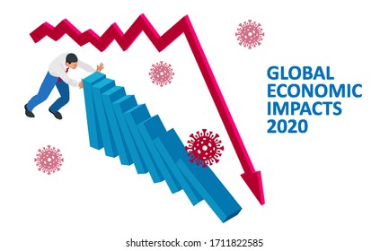 Isometric global economic impacts 2020. Coronavirus or COVID-19 pandemic global impact. Closed border, collapsed world market and economic crisis, panic and food shortages, distance work and studying.