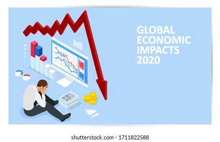 Isometric global economic impacts 2020. Coronavirus or COVID-19 pandemic global impact. Closed border, collapsed world market and economic crisis, panic and food shortages, distance work and studying.