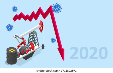 Isometric global economic impacts 2020. Coronavirus or COVID-19 pandemic global impact. Closed border, collapsed world market and economic crisis, panic and food shortages, distance work and studying.