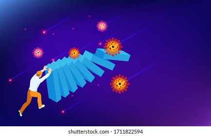 Isometric global economic impacts 2020. Coronavirus or COVID-19 pandemic global impact. Closed border, collapsed world market and economic crisis, panic and food shortages, distance work and studying.