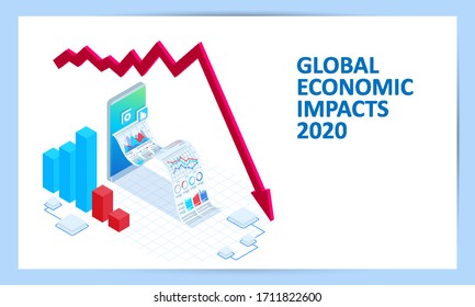 Isometric global economic impacts 2020. Coronavirus or COVID-19 pandemic global impact. Closed border, collapsed world market and economic crisis, panic and food shortages, distance work and studying.