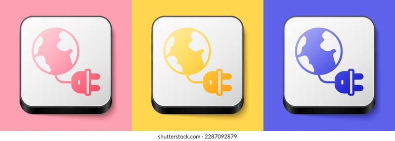 Isometric Global energy power planet with plug icon isolated on pink, yellow and blue background. Ecology concept and environmental. Square button. Vector