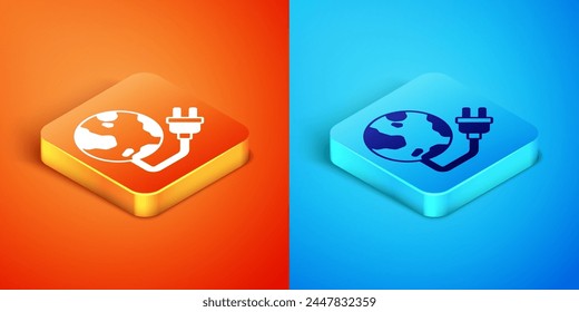 Isometric Global energy power planet with plug icon isolated on orange and blue background. Ecology concept and environmental.  Vector