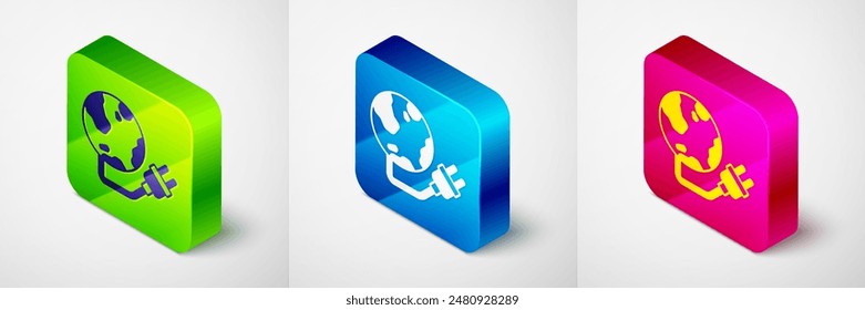 Isometric Global energy power planet with plug icon isolated on grey background. Ecology concept and environmental. Square button. Vector